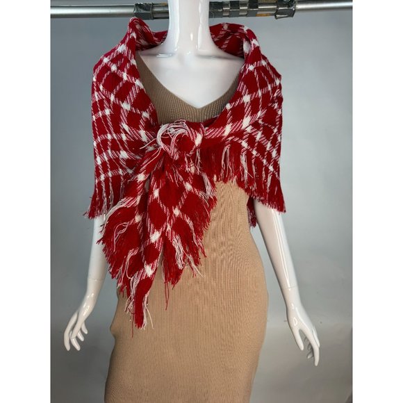 Red Plaid Scarf Shawl With Fringe 43" x 43" Polyester Blend - Picture 15 of 16